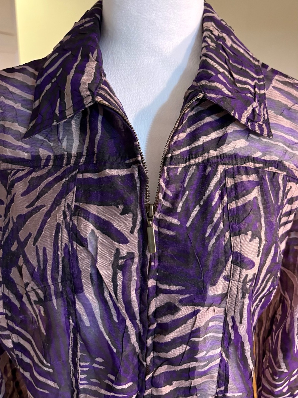 Ruby Rb Summer Jacket, Semi Sheer Purple and Tan Tropical Animal Print, Size 12P